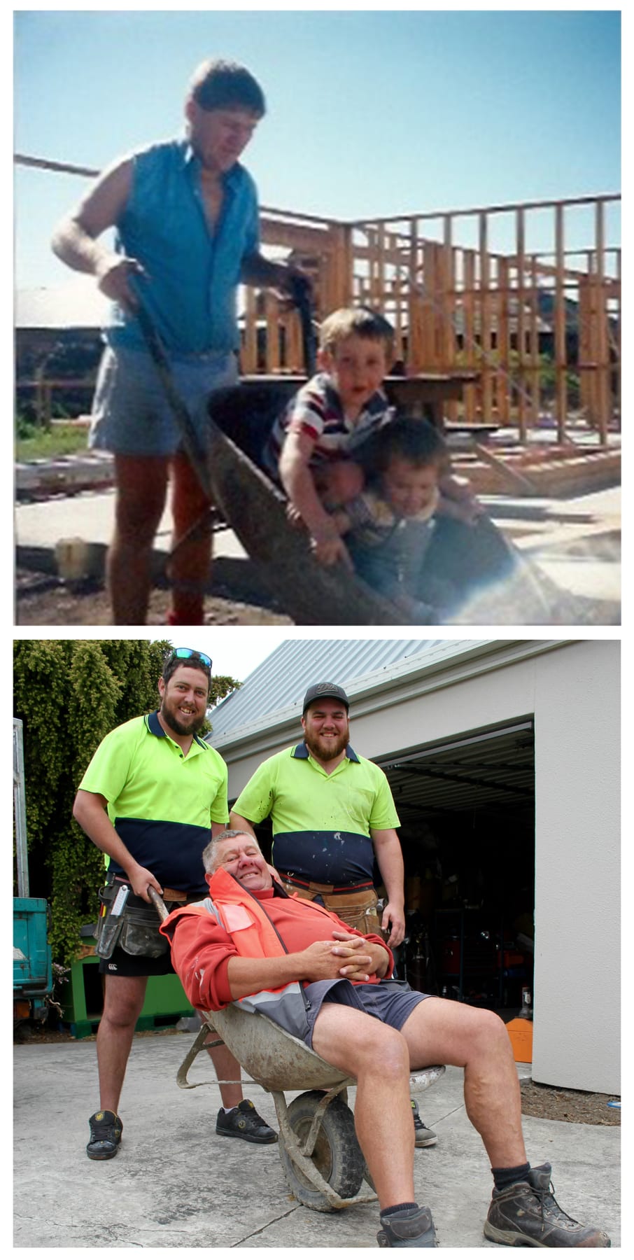 The Griffiths family then and now — Robin pushing his young sons in a wheelbarrow on a building site, and decades later the sons pushing Robin